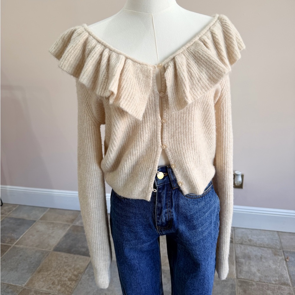 H&M Cream Off-Shoulder Ruffle Cardigan Sweater